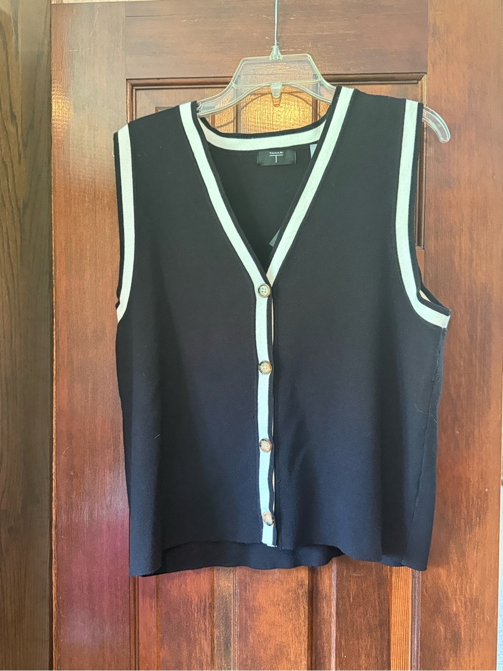 Black Sleeveless Knit Button-Front Vest with White Trim L